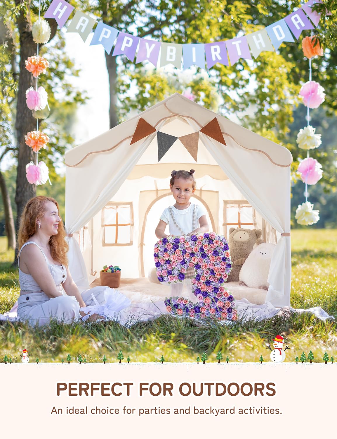 Besrey Kids Play Tent 2 in 1 with Padded Mat and Lights, Large Kids Playhouse with 2 Doors & 4 Windows, Indoor & Outdoor, Christmas Toddler Tent, 51" x35" x 51"