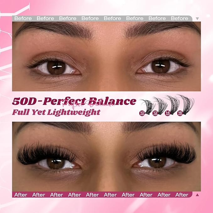 Yawamica Natural Fluffy Lash Clusters 50D Volume Eyelash Clusters 10-16mm Wispy Cluster Eyelash Extensions D Curl Individual Lashes with Thin Band DIY Lash Extension for Beginners