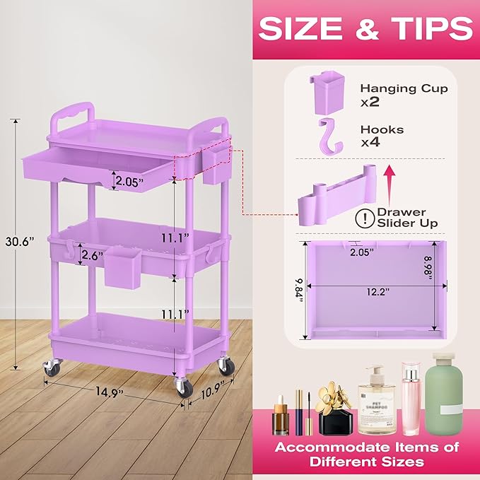 Goovilla Rolling Makeup Organizer Cart with Removable Drawer, 3 Tier Stable Purple Floor Skincare Storage Cart for Vanity, Cosmetic Display, Nail Polish, Perfume, Hair Stuff, Beauty, Bathroom(Plastic)