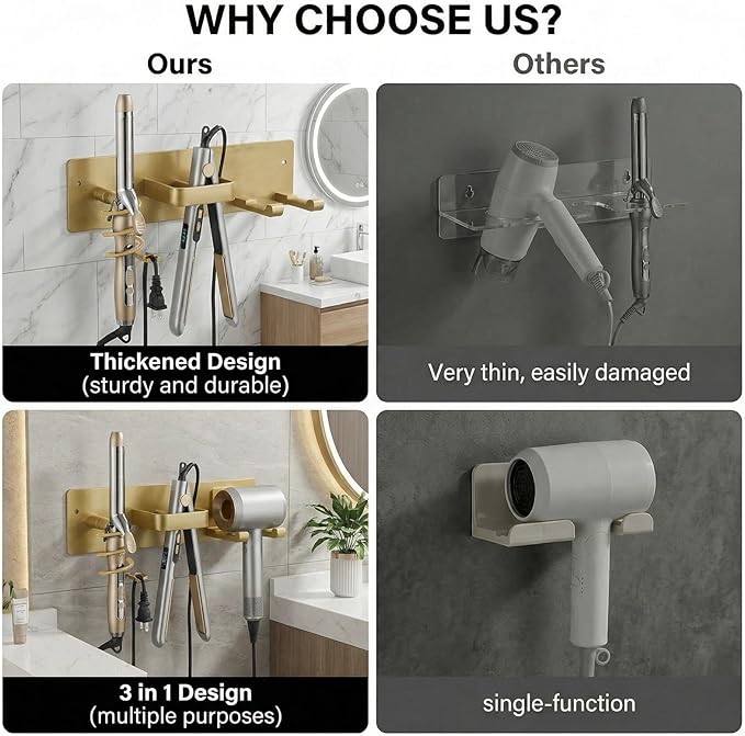 Blow Dryer Holder Wall Mount, 3 in 1 Bathroom Hair Tool Organizer with Curling Iron Holder & Flat Iron Holder, Universal Hair Dryer Holder Rack Storage (Champagne Gold)