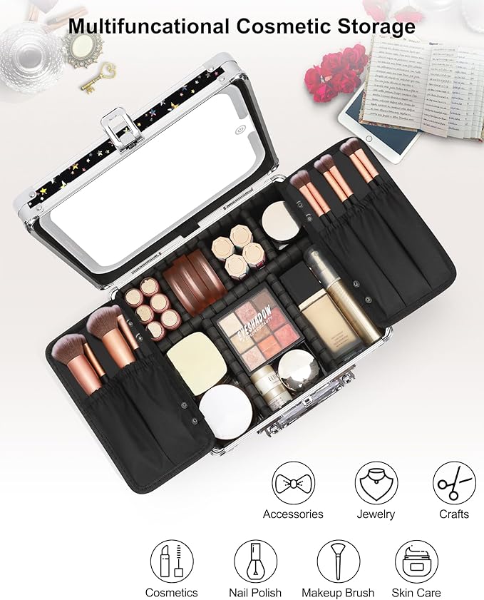 Relavel Makeup Bag with LED Mirror, Makeup Box Travel Train Case with Rechargeable Lighted Mirror, Cosmetic Brush Organizer Storage for Makeup Artists Gifts for Women and Girls (Black Star, Small)