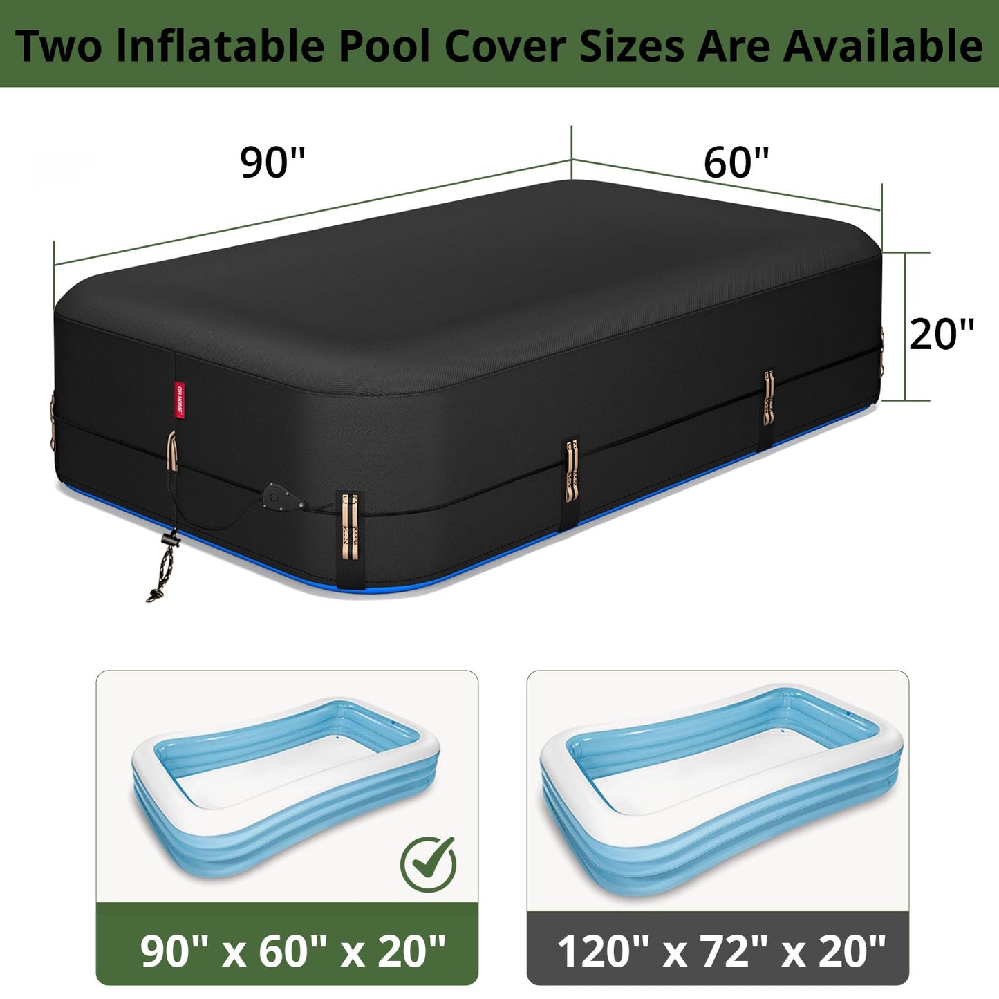 QH.HOME 90"x60" Rectangular Pool Cover for Inflatable Pool,Black Oxford Fabric Heats Water, Blocks Leaves & Sun, Windproof Snug Fit with Patented Ratchet & Weight Rings