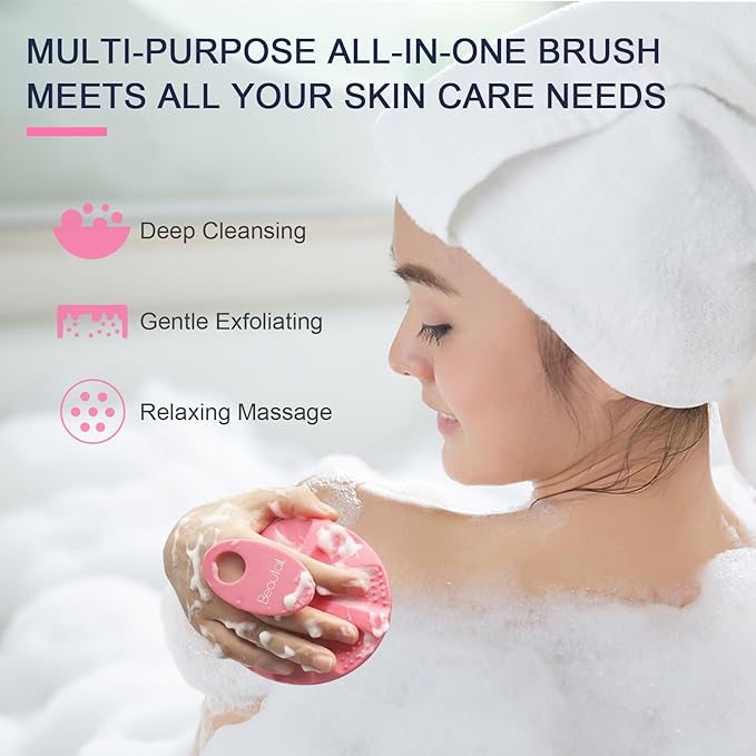 BEAUTAIL Silicone Body Scrubber Shower Bath Wash Brush Gentle Exfoliating Scrub Cleansing Loofah for Women Men Baby Sensitive Skin, Easy to Clean, Lather Nicely, More Hygienic, 1 Pack, Pink