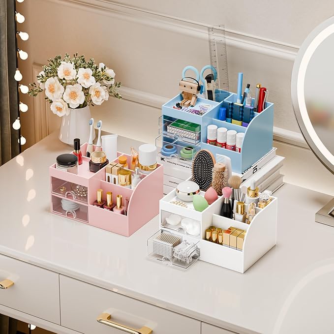 Makeup Organizer with 2 Drawers, Makeup Organizers Countertop for Vanity and Bathroom, Make up organization and Skincare Storage with Brush Holder, for Dresser, Desktop, Cosmetic Display Case (White)