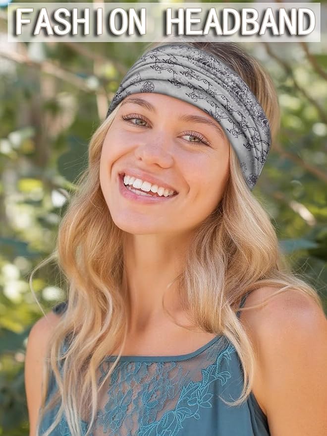 Tobeffect Extra Wide Headbands for Women, 7'' Boho Turban Floral Headband Large Hairband Twisted Hair Accessories, 6 pack