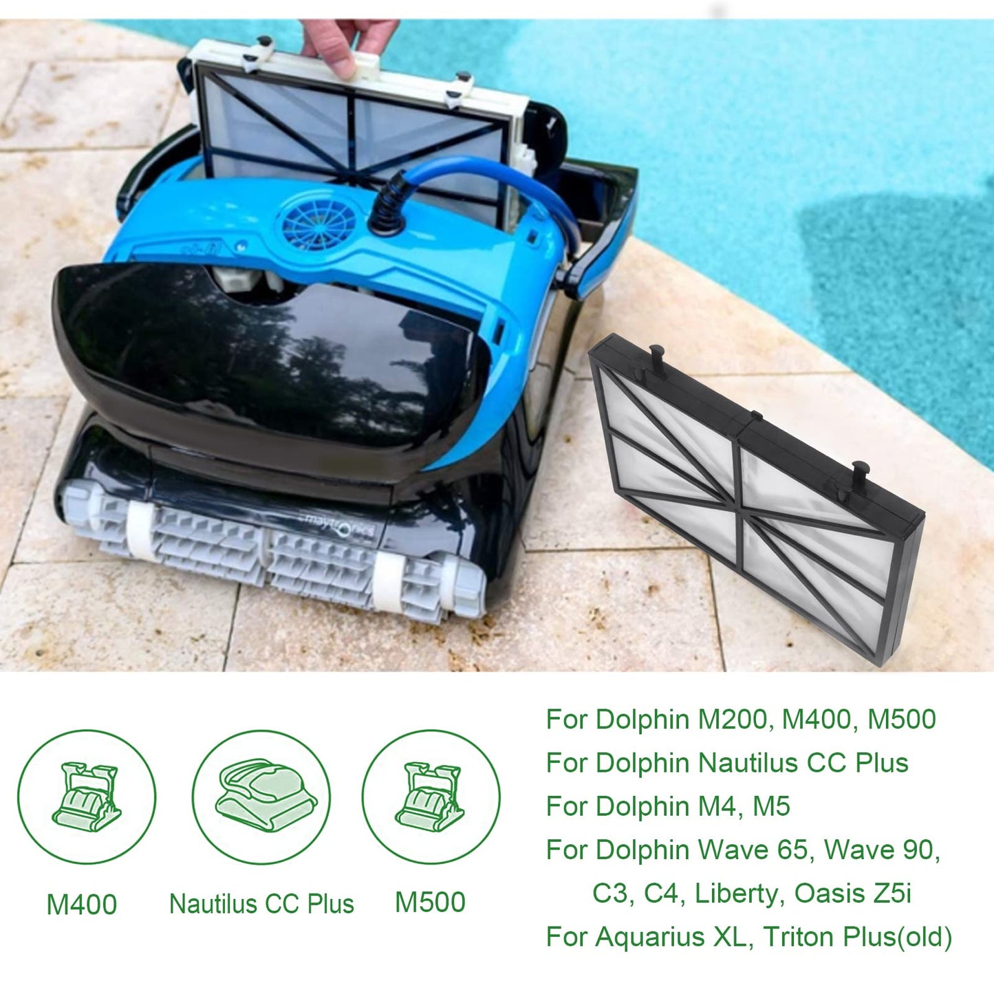 Robotic Pool Cleaner Spring Filter Cartridges Compatible with Dolphin Nautilus CC Plus, M400, M500, Large Fine Filter Panels Replacement, Part 9991433-R4, 4 Pack