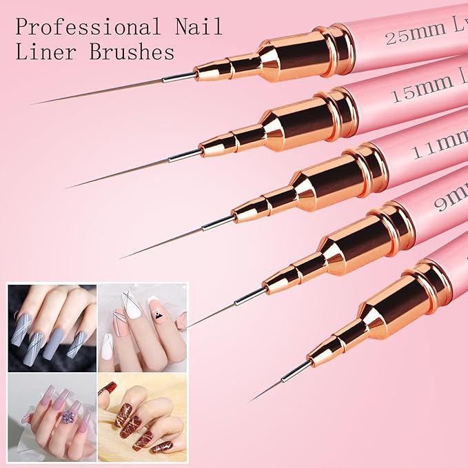 5pcs Nail Art Liner Brushes, Liner Brush For Nails Gel, Painting Art Design Brush Set Nail Dotting Drawing Tool For Long Lines, Thin Details, Fine Drawing Sizes 7/9/11/15/25 mm (Pink)