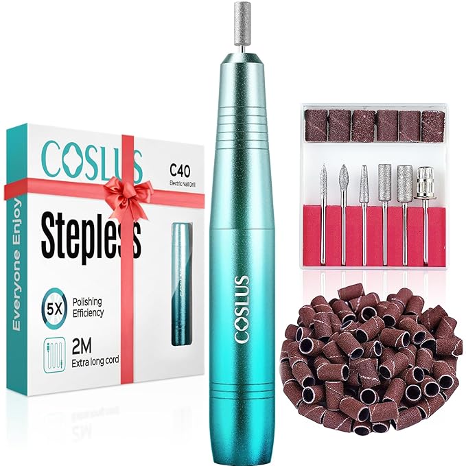 COSLUS C40 Electric Nail Drill File Professional: for Acrylic Gel Dip Powder Nails Portable Nail Machine Kit Manicure Pedicure Tools Polishing Set with Nail Drill Bits Sanding Bands Blue