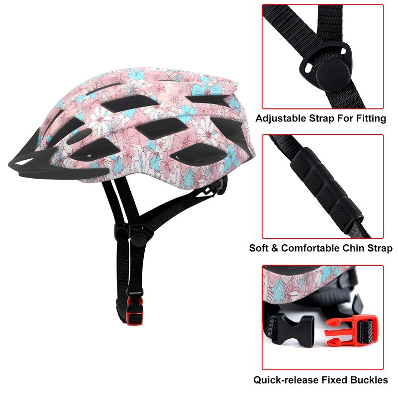 Adult Bike Helmets, Adjustable Mens Womens Bicycle Helmet, Lightweight Road Mountain Cycling Safety Sports Helmets with Detachable Visor Pink Flower L
