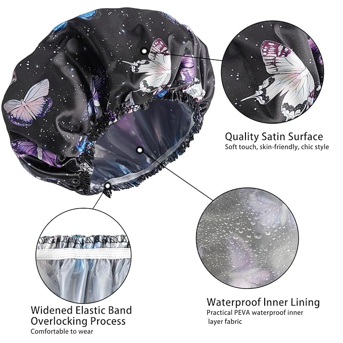 Shower Cap for Women,4 PCS Elastic and Reusable Bath Caps, Double Layers Shower Caps Reusable Waterproof, Bathing Shower Caps, Environmental Bath Hair Protection Cap - Butterfly B