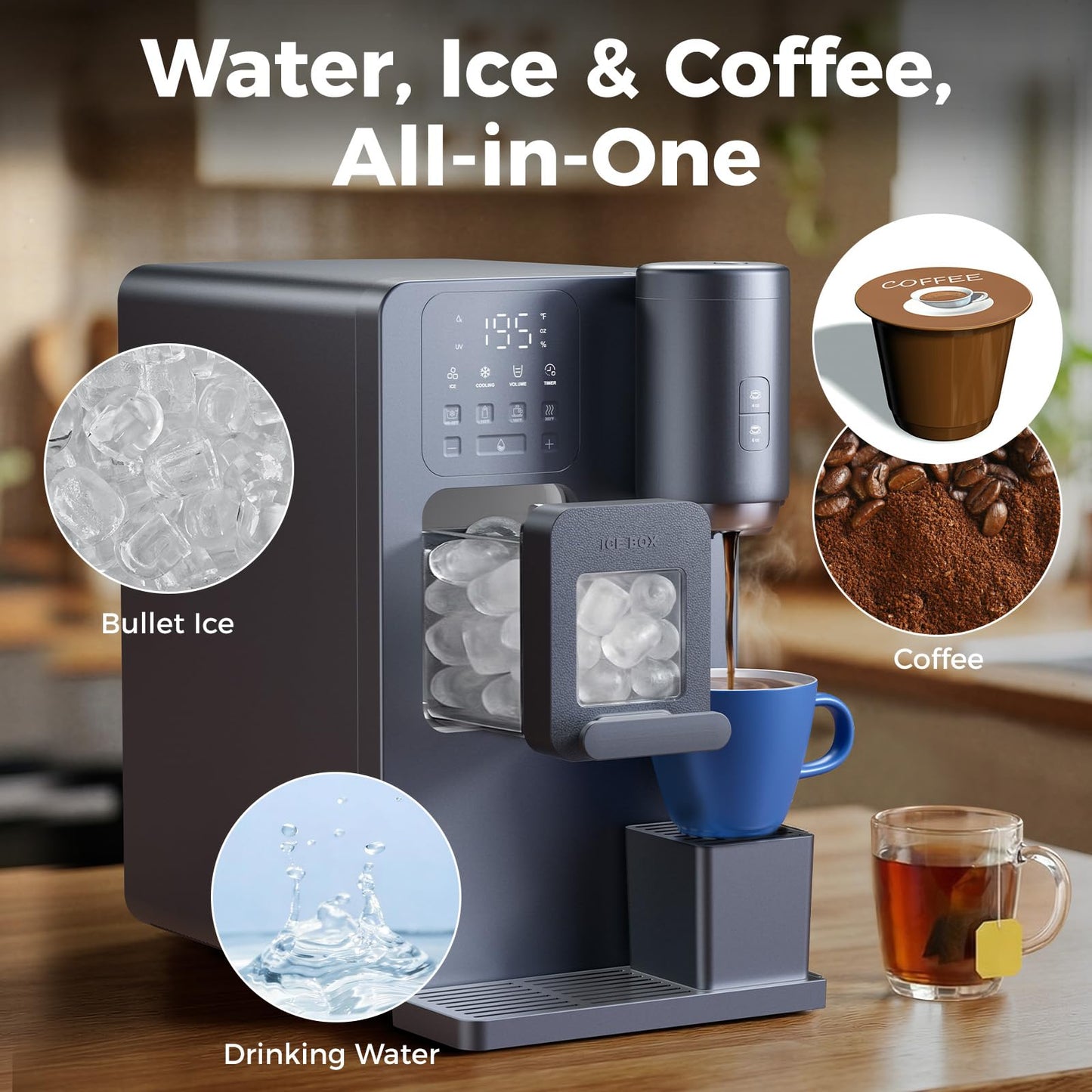 3-in-1 Water Dispenser with Ice Maker - Coffee Maker Countertop Bullet Ice Maker 16.6 lbs/24H with Timer, Hot/Cold/Warm Adjustable Volume Water, K-Cup® Ground Coffee Brewer for Home Office Gift