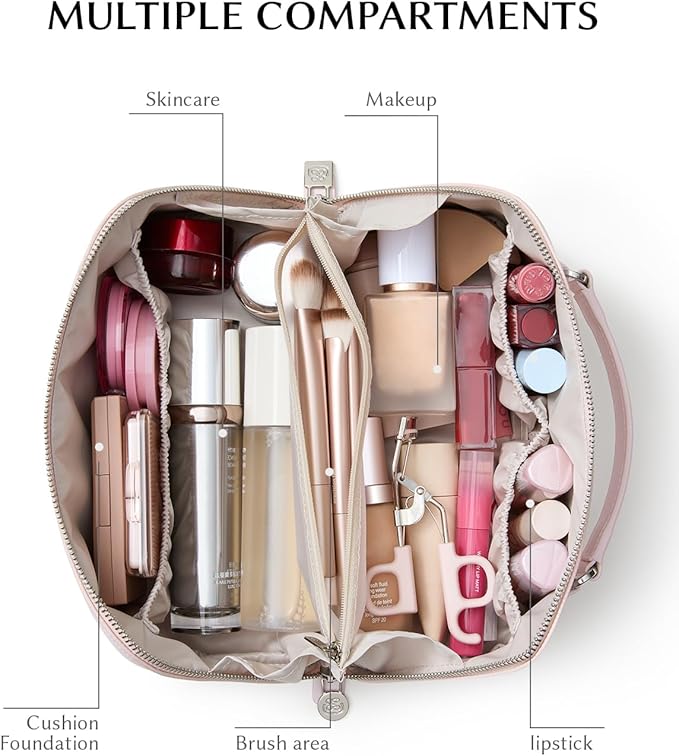 EACHY Travel Makeup Bag, Large Capacity Cosmetic Bag for Women, Waterproof PU Leather, Flat Open Portable Toiletry Bag for Skincare, Brushes & Travel Essentials