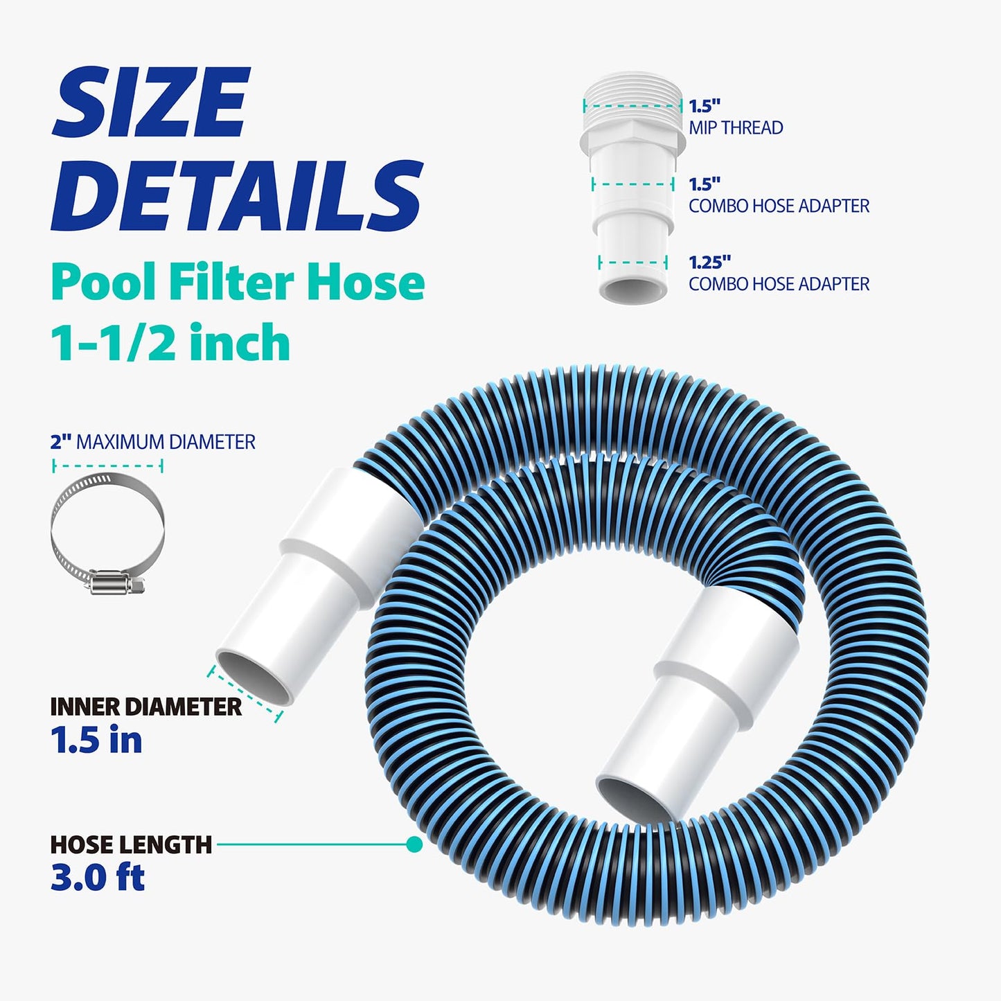 Pool Filter Hose Replacement Kit, 1.5" 3 Foot Heavy Duty Above Ground Pool Hose Compatible with Intex Pool Filter Pumps (4 Clamps+2 Adapters+2 Tapes)