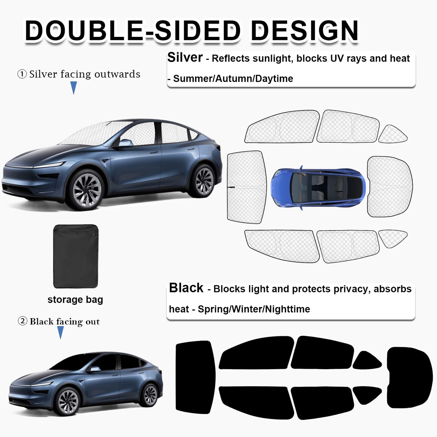 KMF 8pcs Full Thicken Sun Shades for 2025 2026 Tesla Model Y Juniper Accessories, Tesla Y Privacy Car Window Covers for Windshield Side Rear, UV Block and Blackout for Camping Outdoor