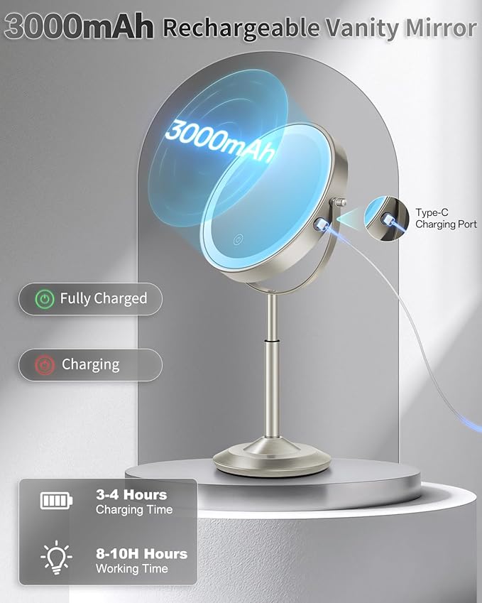 VFD 30X/1X Makeup Mirror with Lights, Height Adjustable Lighted Magnifying Vanity Mirror with 3 Lighting and Adjustable Brightness, 3000mAh Rechargeable Double Sided Switch for Desk Women Gift