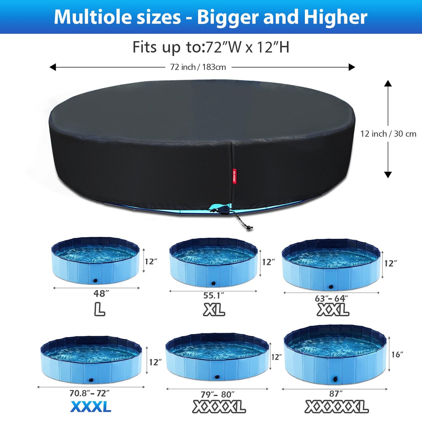 QH.HOME 71-72 inch Foldable Dog Pool Cover Round, Collapsible Pet Swimming Pool Cover for Large Dogs – Waterproof, Odorless Fabric, Ratchet Lock – Kiddie Pool Cover Only