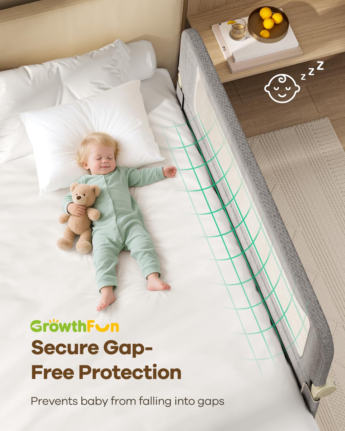 GrowthFun Foldable Bed Rail for Toddlers, 59in Reinforced Carbon Steel Frame&Connectors, Breathable Cationic Fabric, Safety Toddler Bed Rails for Queen, King, Twin, Full, No-Tool Setup.