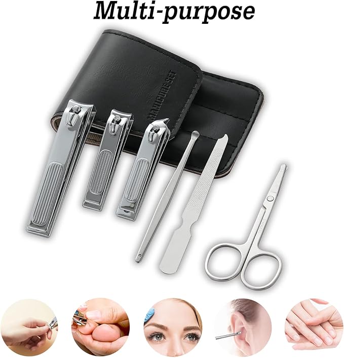 Nail Clipper Set, 6 Pcs Toenail Clippers, Stainless Steel Fingernail Clipper, and PU Leather Manicure Set, Gift Ideas (Black)
