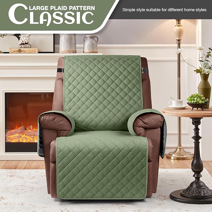 KinCam 100% Waterproof Recliner Chair Cover, Reclining Couch Covers for Pets, Dogs, Recliner Couch Slipcover Furniture Protector with Elastic Straps for Kids(23.6", Cactus Green)