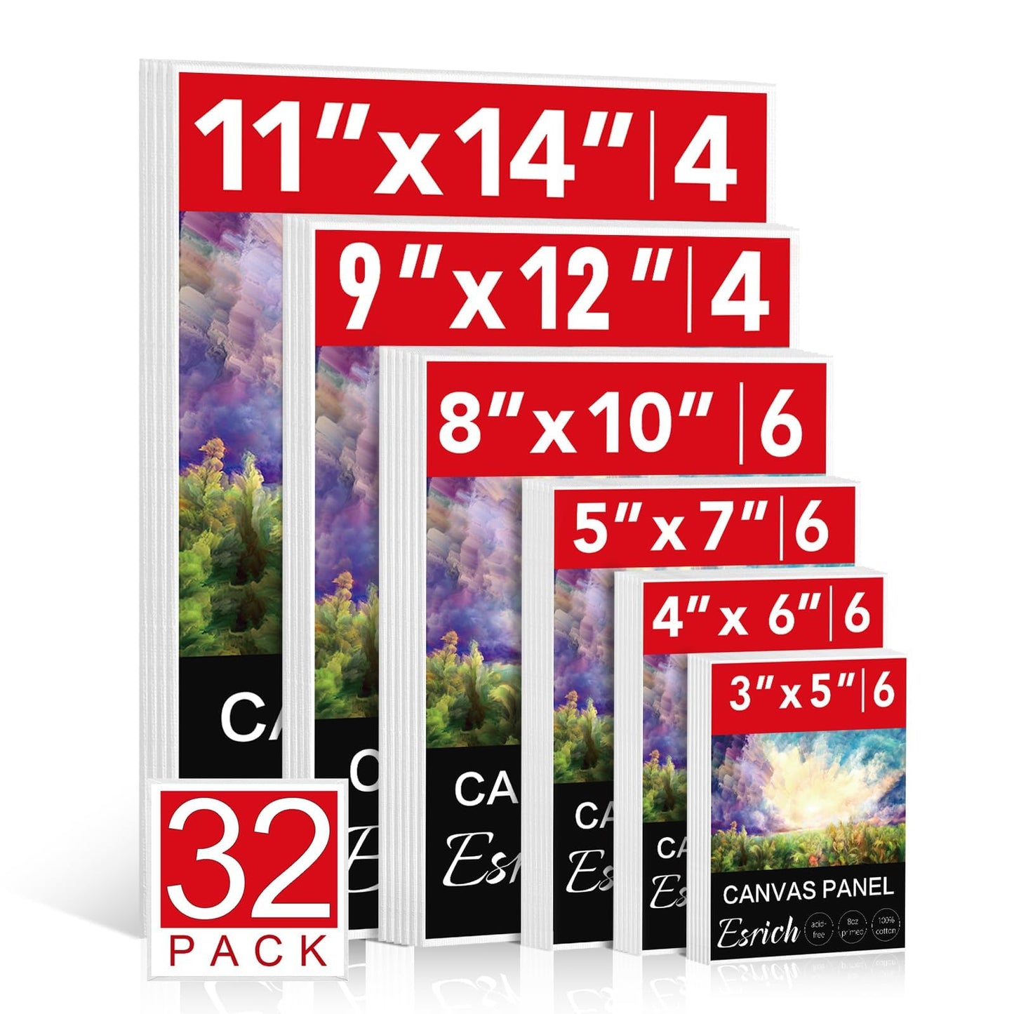 ESRICH Canvas Boards for Painting 32 Pack Art Supplies Paint Canvas 3x5, 4x6, 5x7, 8x10, 9x12, 11x14 Blank Large Canvases for Painting-Cotton Primed Canvas Panels for Acrylic, Oil, Gouache & Tempera.