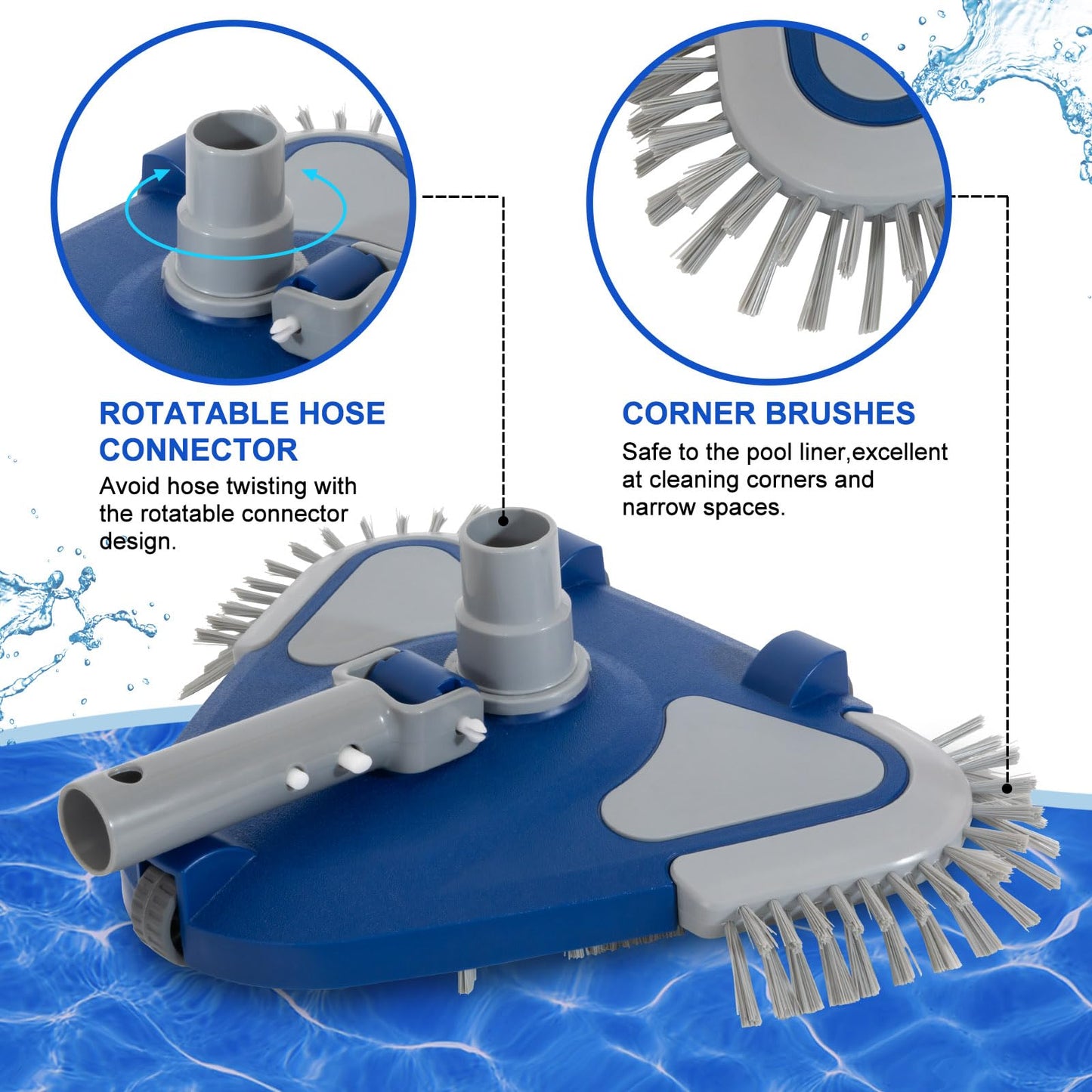 POOLAZA Pool Vacuum Head, Weighted Pool Vacuum Head with 1-1/4'',1-1/2'' Swivel Hose Connection, Bottom & Side Brushes, Pool Vacuum Heads for Inground Pools, Above Ground Pools & Vinyl Lined Pools