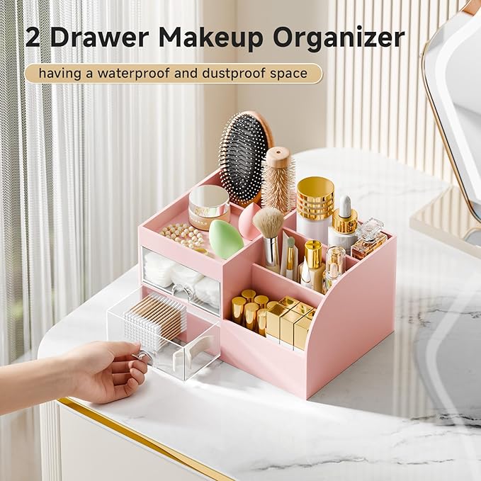 Makeup Organizer with 2 Drawers, Makeup Organizers Countertop for Vanity and Bathroom, Make up organization and Skincare Storage with Brush Holder, for Dresser, Desktop, Cosmetic Display Case (Pink)