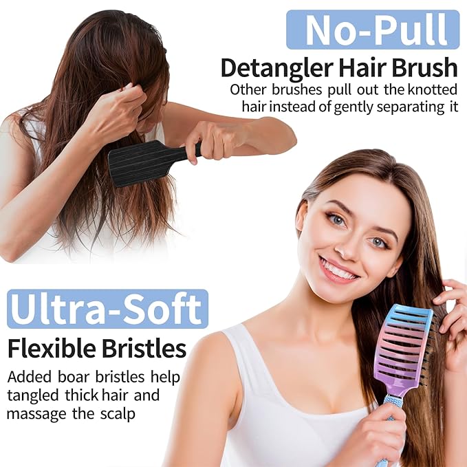 Boar Bristle Hair Brush Set of 2, HIPPIH Wet & Dry Hair Brushes Made by Fine Natural Boar Hair Can Adds Shine and Smoothing, Detangling Hairbrush for Women, Men & Kids' Long Curly Thick Hair