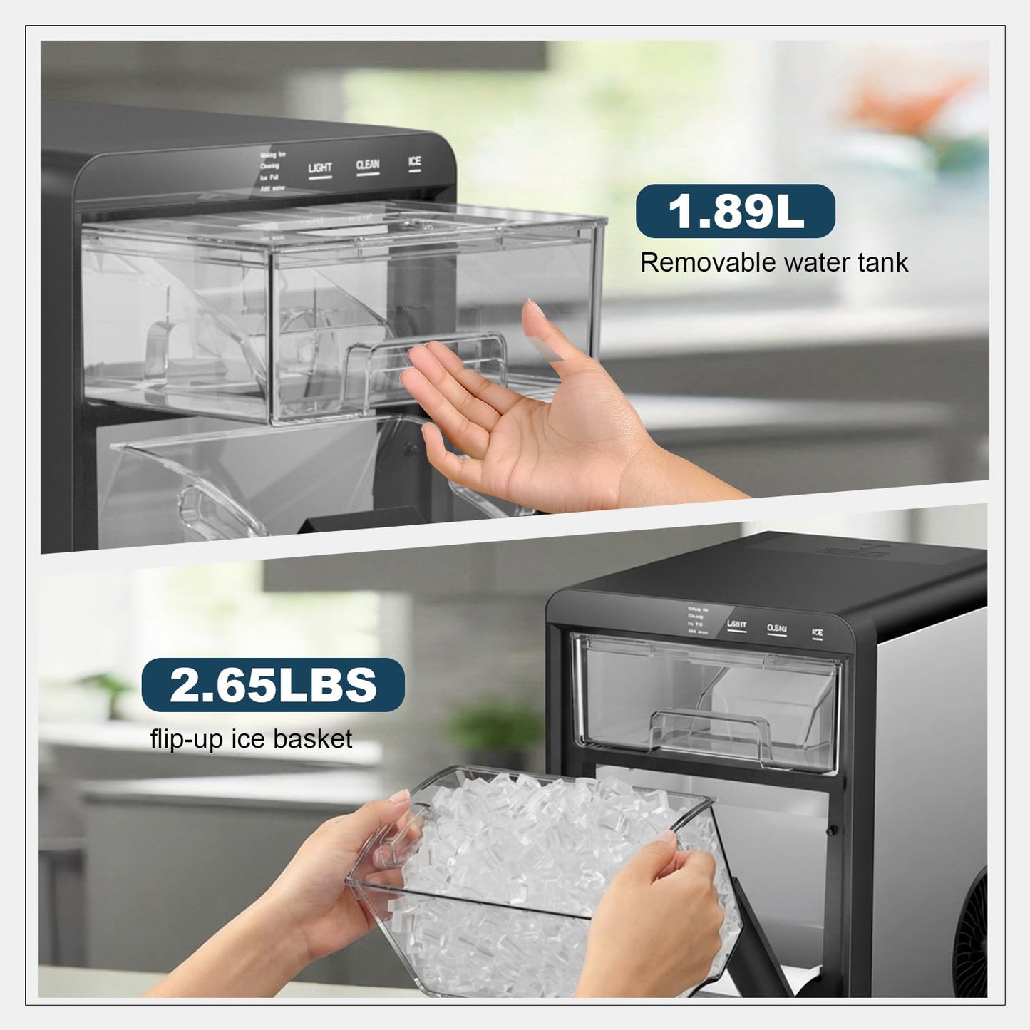 Nugget Ice Maker Countertop, 44lbs/24h Nugget Ice Machine, Soft Ice Ready in 5-10Mins Pellet Ice Maker, Self-Cleaning Sonic Ice Maker for Home, Kitchen, Office, Party