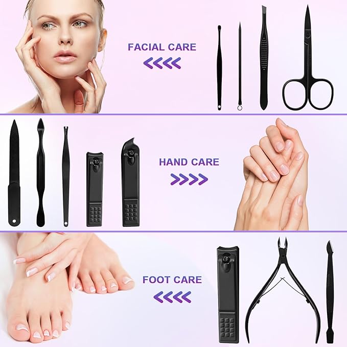 ANRUI Manicure Kit Nail Clippers Set Pedicure Kit, 12 Pieces Professional Grooming Kit, Stainless Steel Nail Care Kit for Women and Men with Luxurious Travel Case -Black