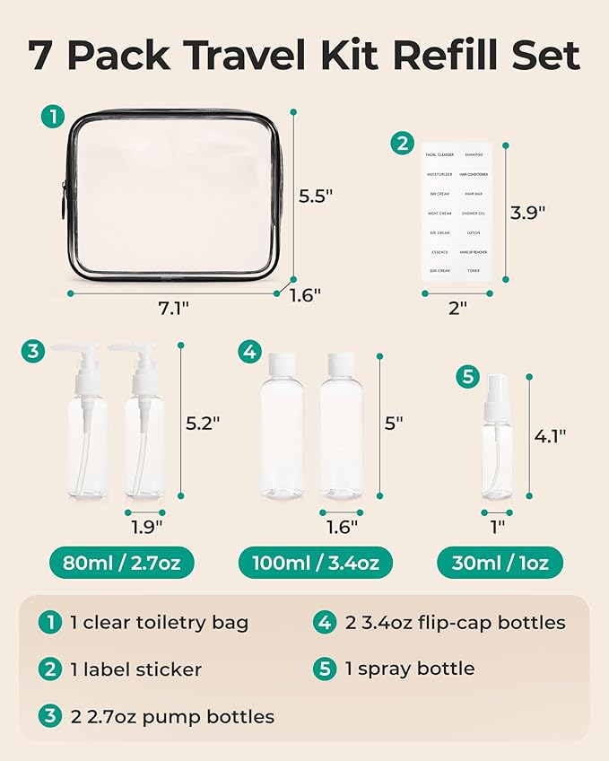 BAGSMART 7 Pack Clear Toiletry Bag with Refillable Travel Bottles Set, TSA Approved Travel Toiletry Bag Water Repellent Carry on Travel Accessories Bag Airport Airline Quart Size Bags, Black