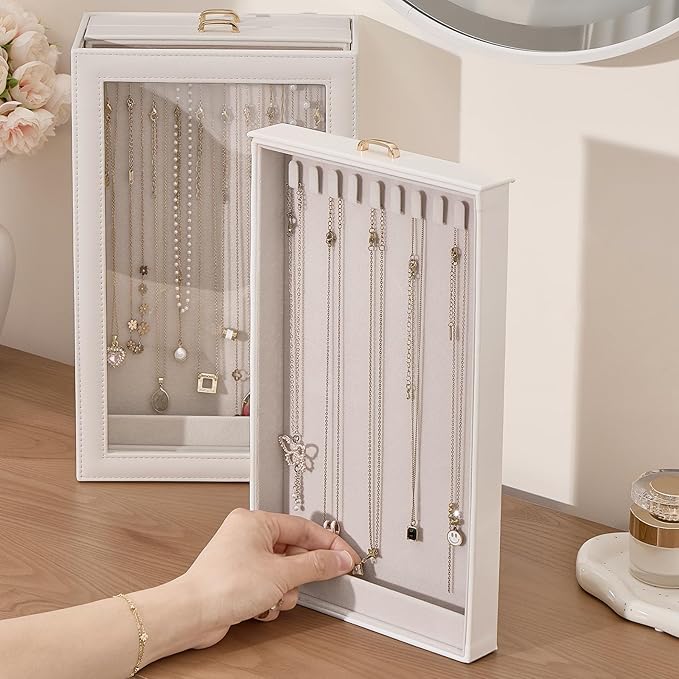 Lolalet Necklace Organizer Box, Jewelry Storage Box with Clear Window for Necklaces Bracelets, Tangle-Free Necklace Display Case for Women Girls -White, 3 Layers 30 Hooks