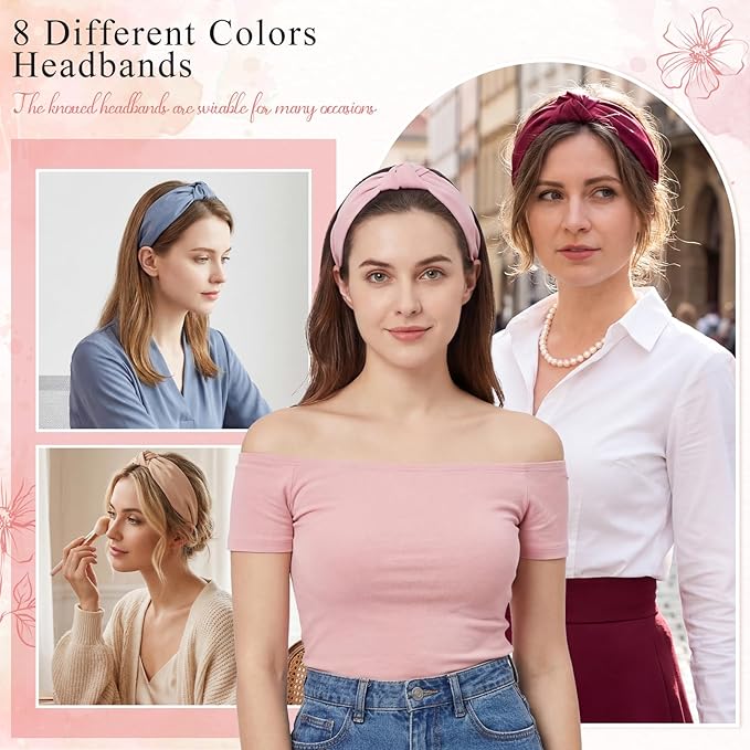 obeoby 8Pcs Knotted Headbands, Non-Slip Fashion Women's Hairbands Teacher Headbands for Women Hair Accessories Gifts for Grandma(Dark Series)