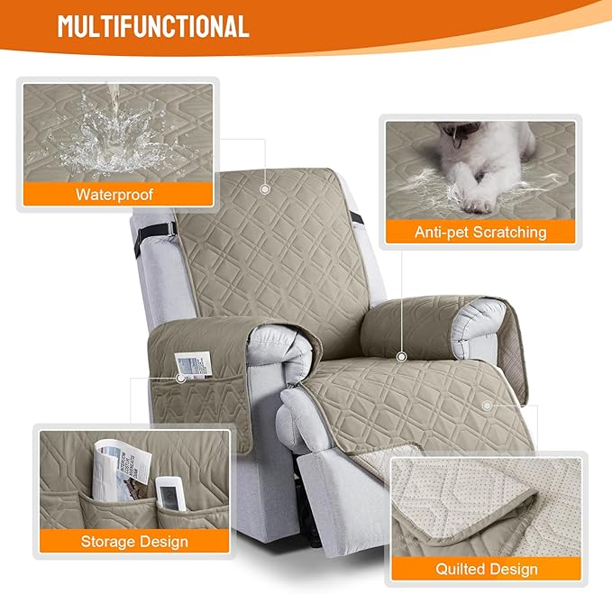 VANSOFY 100% Waterproof Recliner Chair Covers, Recliner Cover Non-Slip Dog Chair Cover Furniture Protector Washable Slipcover with Pocket, Elastic Straps for Pets, Dogs(Khaki, 28")