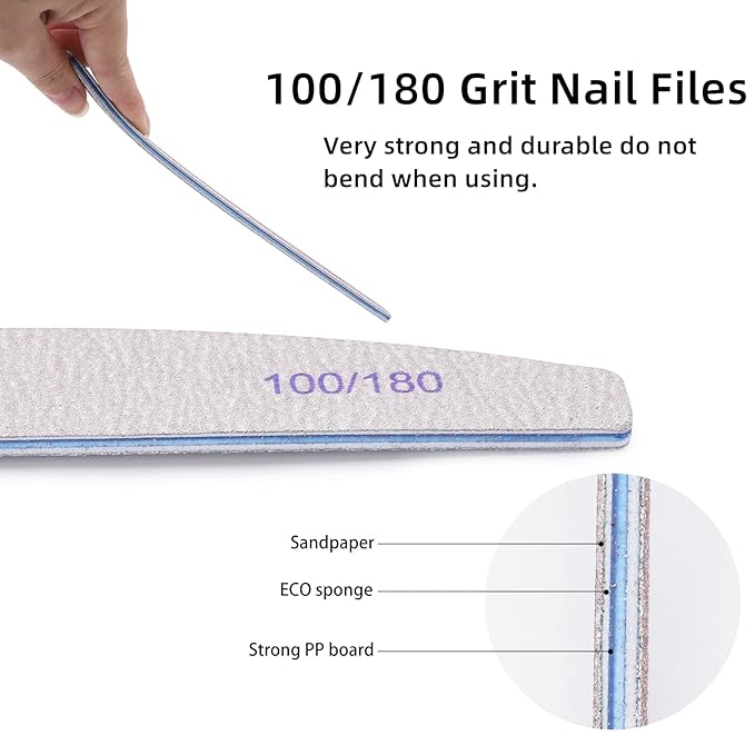 25Pcs 100/180 Grit Nail File Set - Double-Sided Emery Boards for Acrylic, Gel & Natural Nails - Professional Nail Files