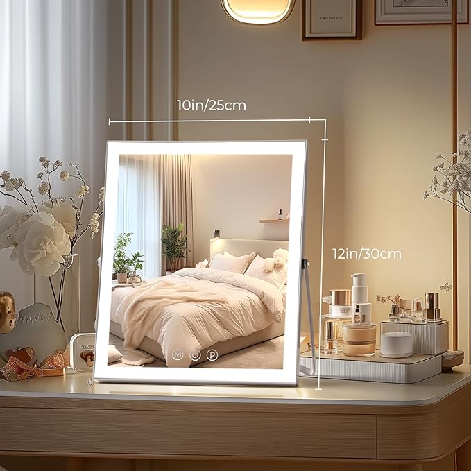 Vanity Mirror with Lights,10"x12" Lighted Makeup Mirror with 3 Color Modes & Dimmable, 360ÃÂ° Rotation Desk Mirror, Dual Power Supply, Smart Touch Control with Settings Memory (White)