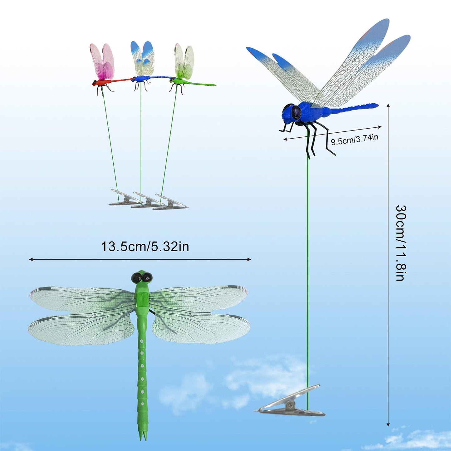 Siunoh Dragonfly Clip Bug Repe Llent - 3D Fake Dragon Fly Clips Garden Decor Stakes Hat Clips, Deer and Horse Humming Bird Fly Deterrent for Indoor/Outdoor Garden(10 Pack)