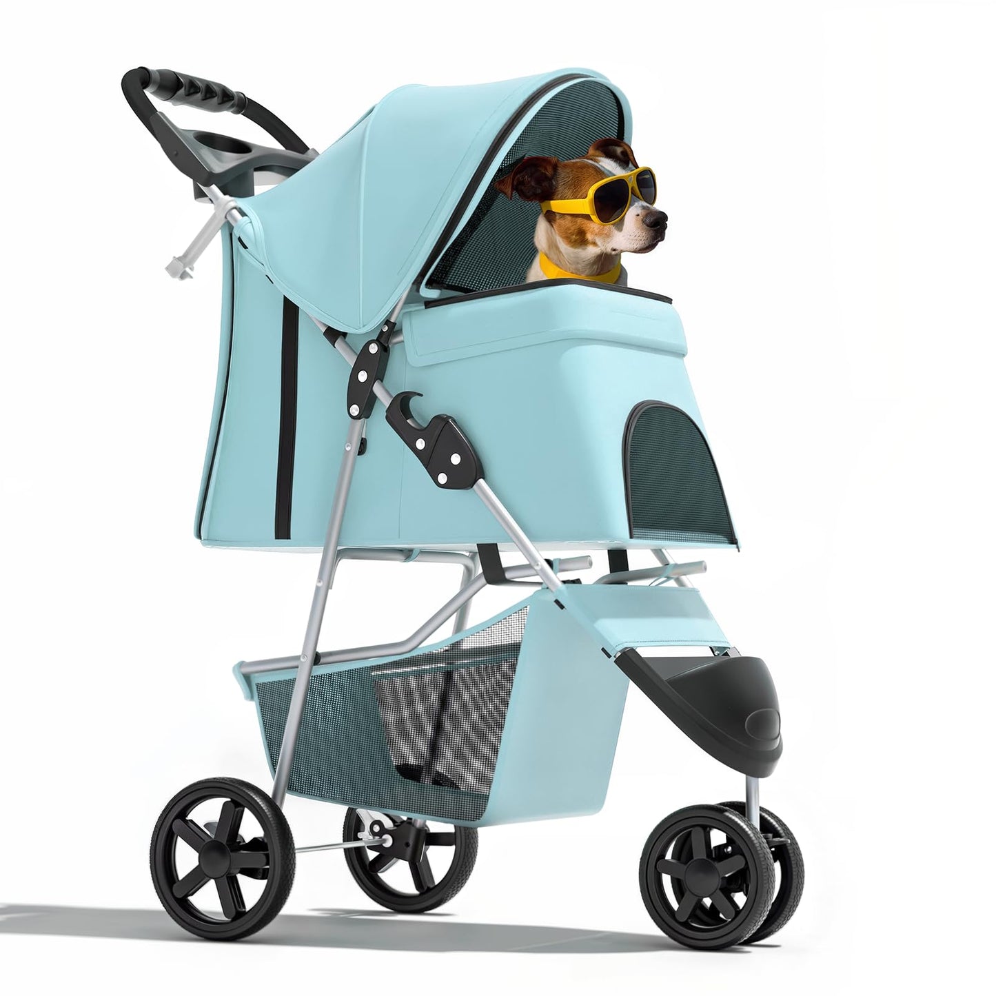 Magshion 3-Wheel Pet Stroller, Foldable Travel Jogger for Small & Medium Dogs & Cats (Up to 33lbs), Lightweight Carrier with Breathable Mesh Cover, Cup Holder & Storage Basket, Mint Green