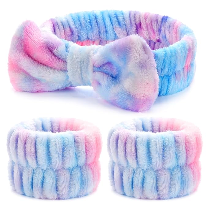 3PCS Spa Headband and Wristbands Set for Women, Soft Microfiber Face Wash Headband with Cute Bow, Elastic Absorbent Wrist Towels, Makeup Skincare Accessories for Facial, Shower, Yoga