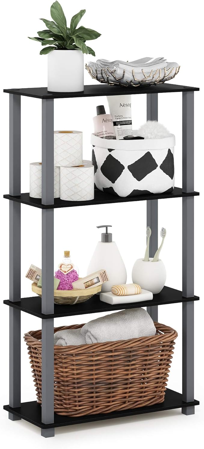 Furinno TURN-S-TUBE Storage Shelves, 4-Tier Book Shelf, Corner Shelf, Toolless Open Shelves, for Organization and Storage, Living Room, Garage, Home Office, Black