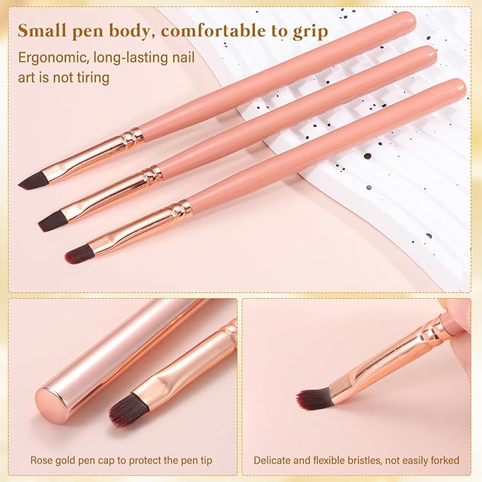 Pink Nail Art Clean Up Brushes for Cleaning Polish Mistakes on the Cuticles, Acetone Resistant Nail Brush, Fingernail Cleaning Brushes for Nail Art and Designs (Round&flat&Bevel)