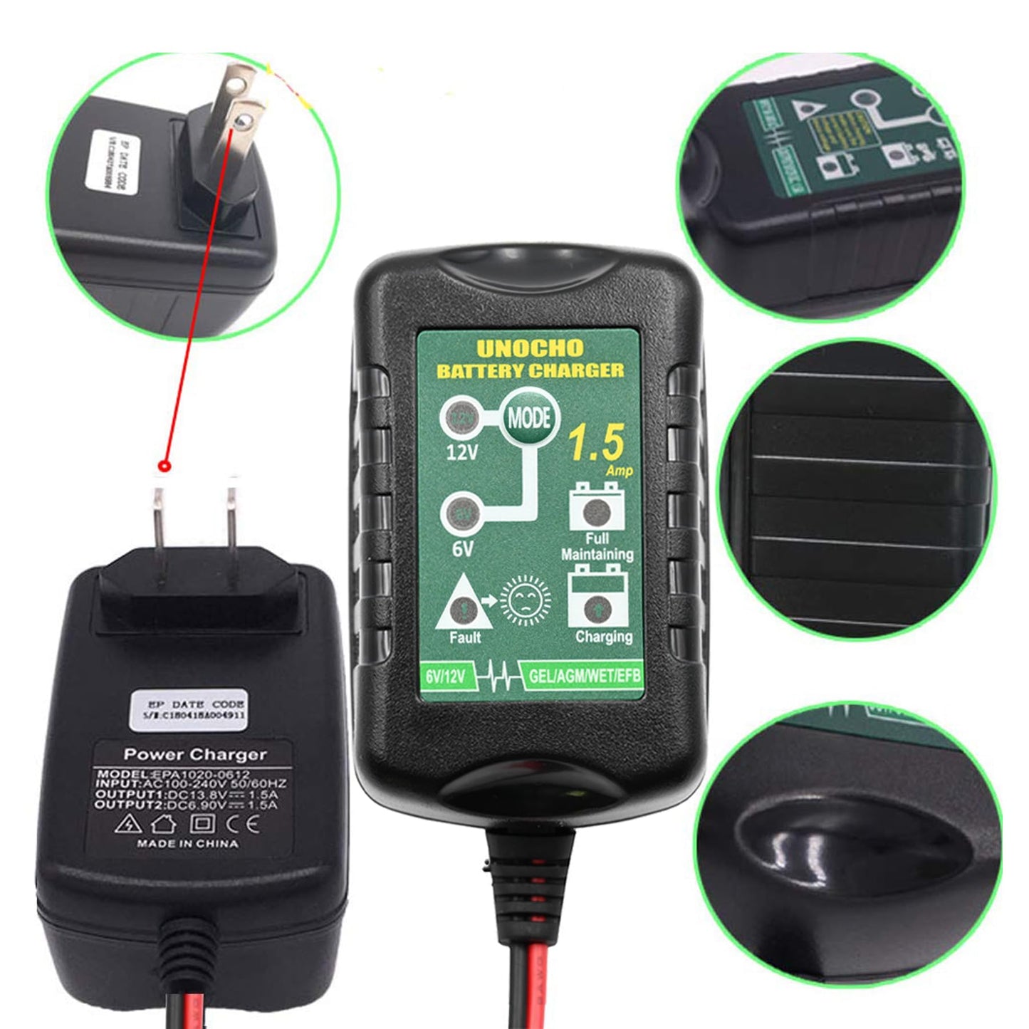 6V 12V Battery Charger 1.5A Automatic Battery maintainer trickle Battery Charger Smart Float Charger for auto car Motorcycle Lawn Mower Boat Motorcycle Snowmobile