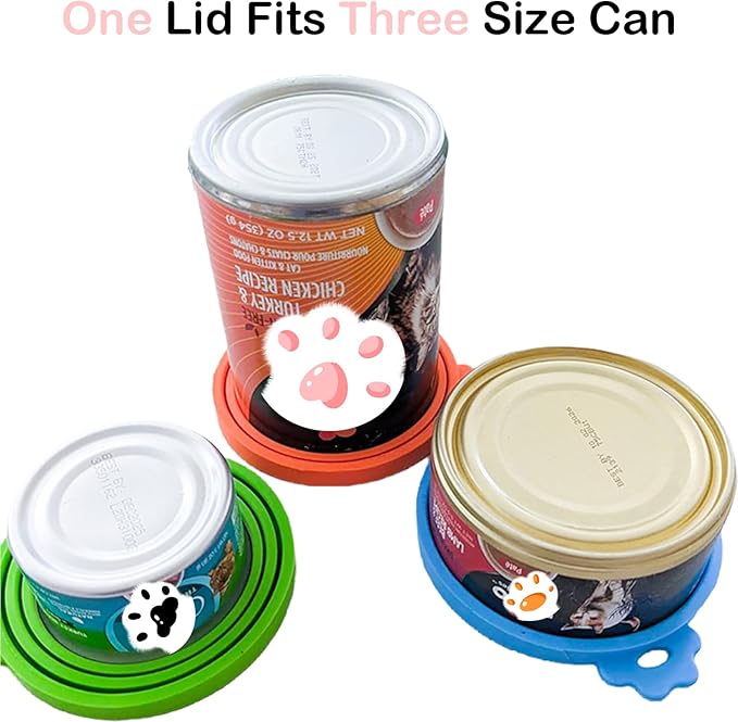 Cat Food Can Covers Lids & White Spoon, Red/Yellow/Green Lids, Can Covers for Dog/Cat Food Cans, Fit 3 Standard Size Pet Food Cans, Spoon with Opener Paw & Mini Spatula