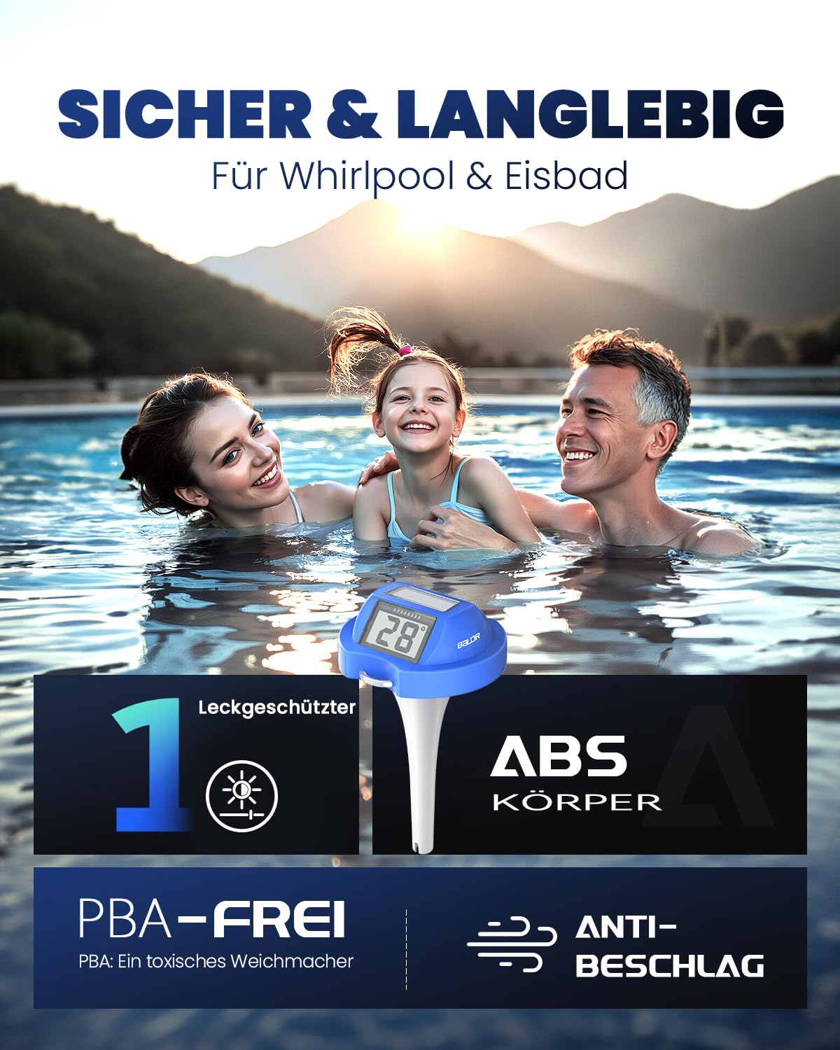 BALDR Pool Thermometer Floating Easy Read, Solar Digital Pool Thermometer with Dual Large Screens, IPX7 Water Temperature Gauge for Inground Above Ground Pools & Spas (Darkblue)