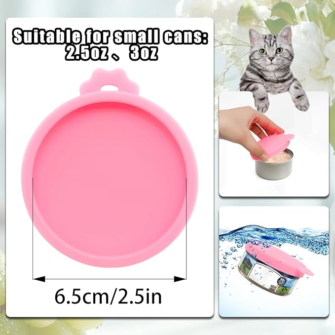 PINE & LINEN 4 Pcs 2.5inch Durable Pet Can Lids, Silicone Small Pet Can Covers Waterproof Cat Food Cans Lids for 3 oz Cat Food Cans（Pink）