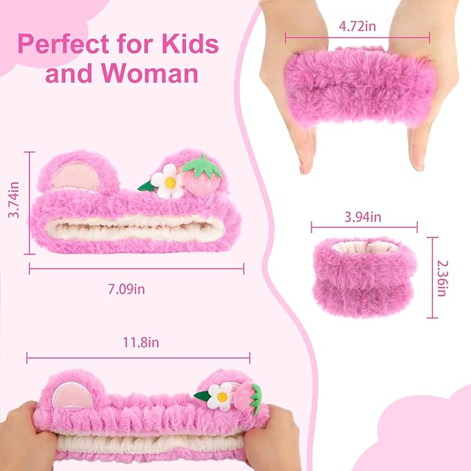 CAVETEE Hairband, 3 Piece Fluffy Pink Bear Ear Makeup Headband and Wristband Set for Women, Spa Cosmetic Elastic Headband and Wristband Set for Women Girl Wash Face Skincare Makeup Shower Spa