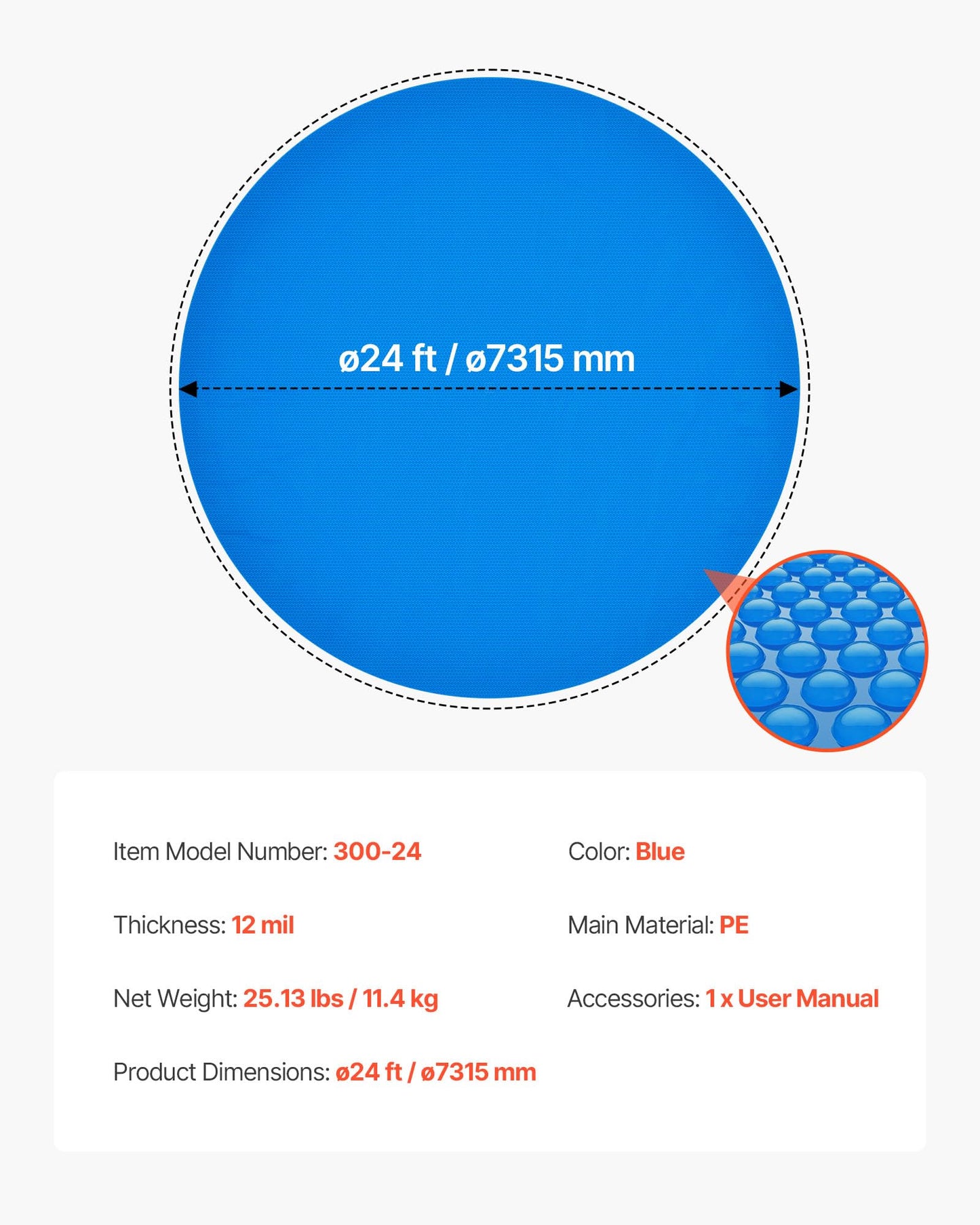 VEVOR Solar Pool Cover, 24 ft Round Pool Bubble Cover, 12 Mil Pools Solar Blanket with Bubble & PE Material, Daytime Heat Absorption, Nighttime Heat Retention, Heat Retaining Solars Covers, Blue