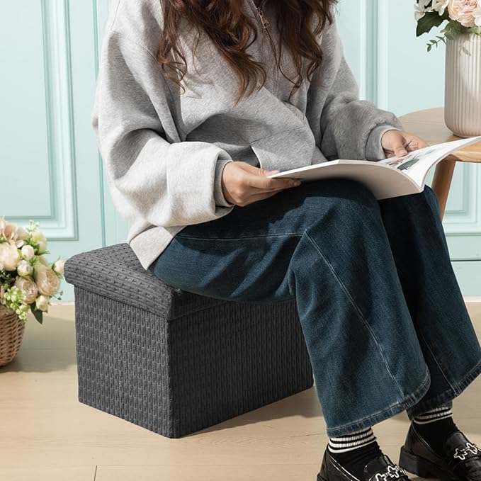 Thyle Storage Ottoman with Lid, Foldable Foot Rest Stool with Hidden Storage, Corduroy Ottoman for Living Room Bedroom Dorm Under Desk, 16x12x12 Inch(Grey)