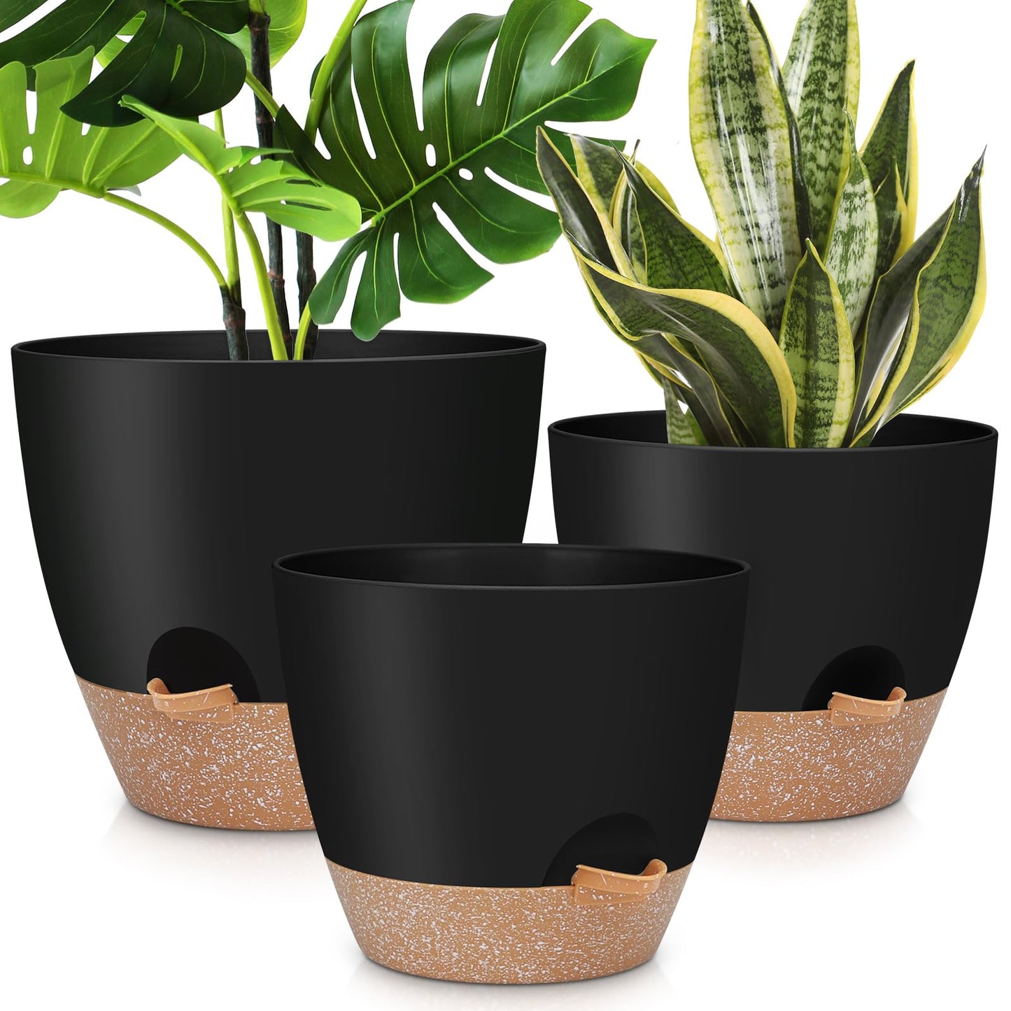 YNNICO 12" 10" 9" Large Self Watering Plant Pots, 3 Pack Flower Pots Planters with Multi Mesh Drainage Holes for Indoor Outdoor Garden Plants and Flowers (Black)