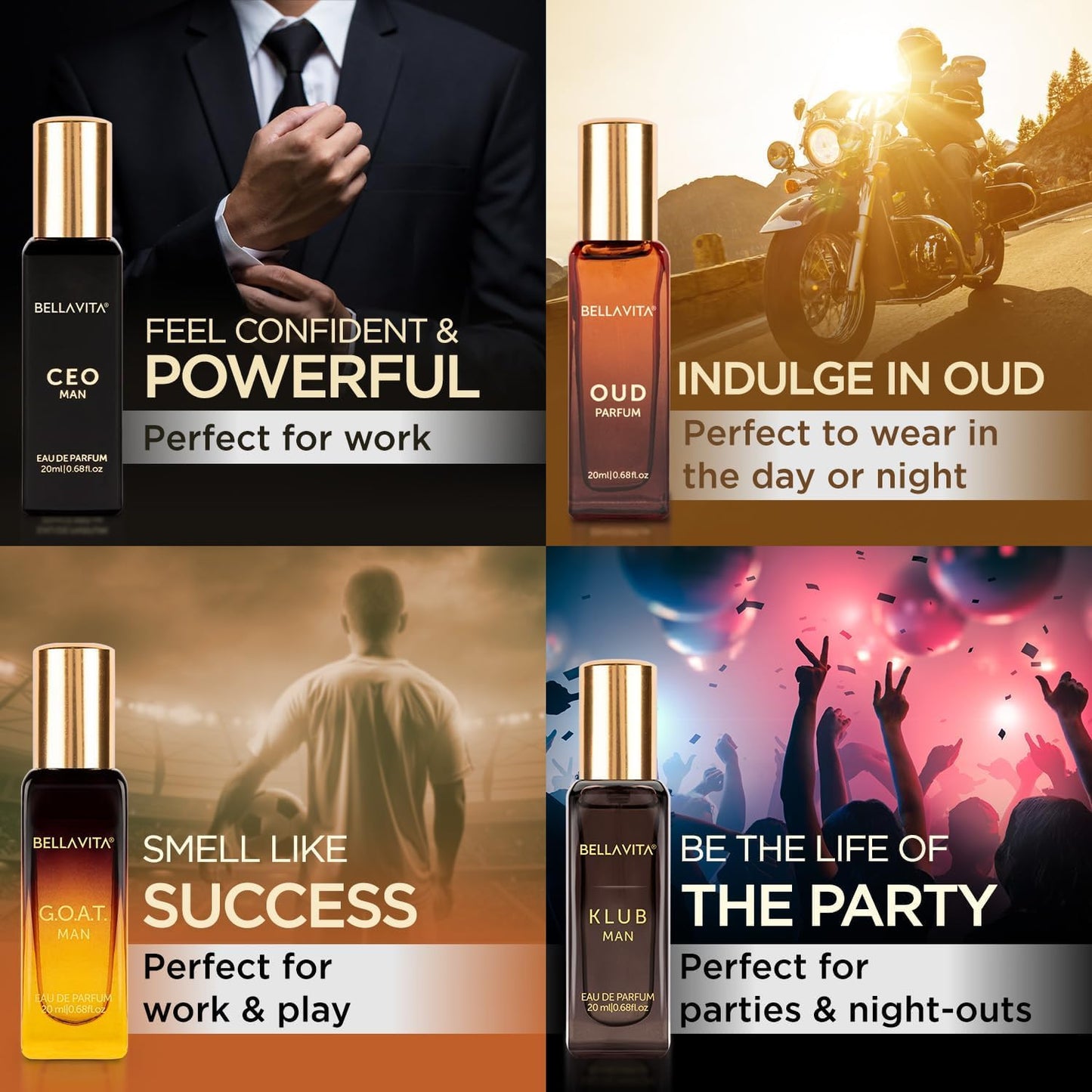 Bellavita Luxury Men's Perfume Gift Set with CEO Man, G.O.A.T., Klub, and Oud | 80ml | Perfume for Men | Lavender, Patchouli, Lemon, and Caramel Notes | Long Lasting Men's Fragrance