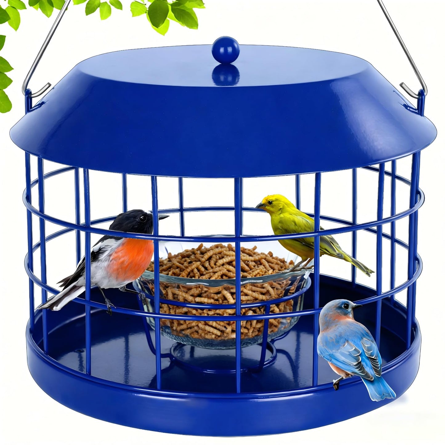 Gbekery Caged Bluebird Feeder for Mealworms with Glass Bowl, Squirrel Proof Bird Feeder for Small Birds Only, Detachable Hook, Large Space, Outdoors Weatherproof, Metal, Blue